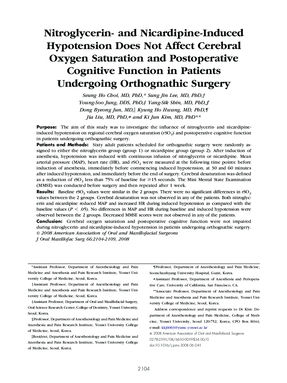 Nitroglycerin- and Nicardipine-Induced Hypotension Does Not Affect Cerebral Oxygen Saturation and Postoperative Cognitive Function in Patients Undergoing Orthognathic Surgery