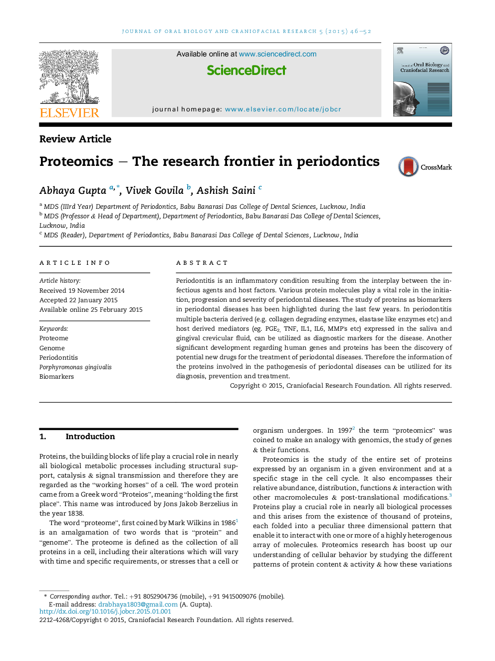 Proteomics – The research frontier in periodontics