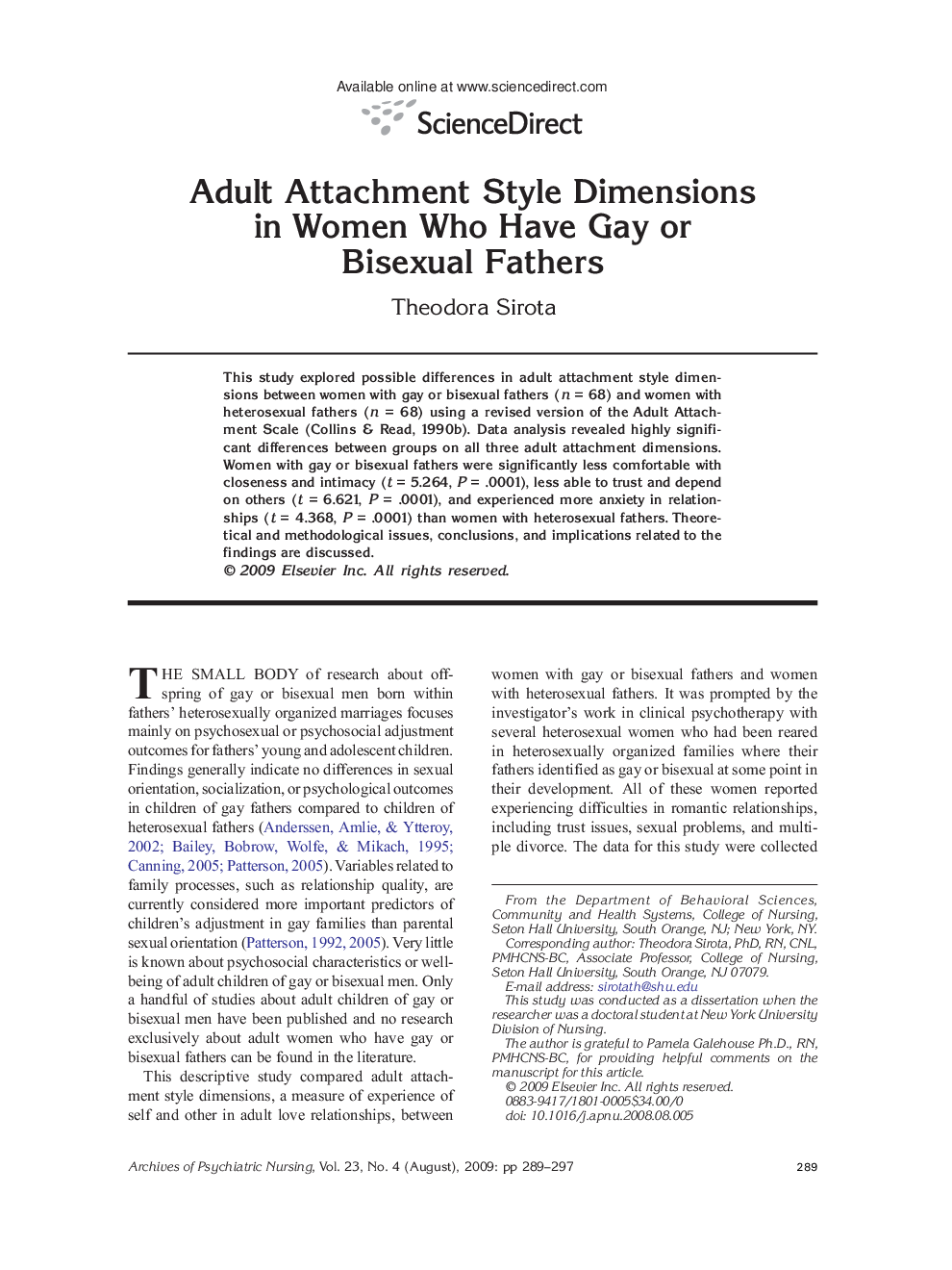 Adult Attachment Style Dimensions in Women Who Have Gay or Bisexual Fathers 