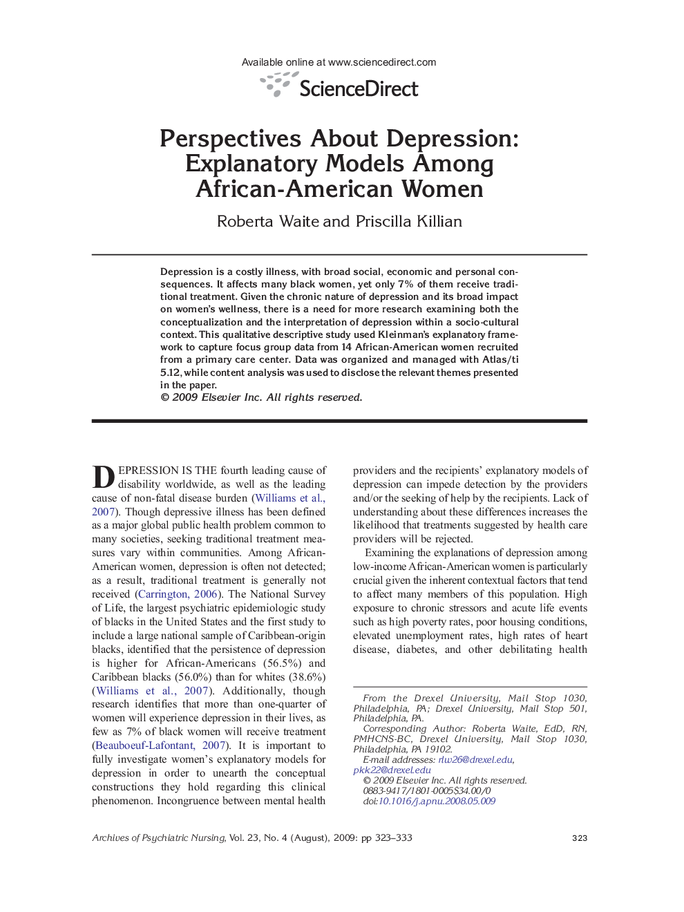 Perspectives About Depression: Explanatory Models Among African-American Women