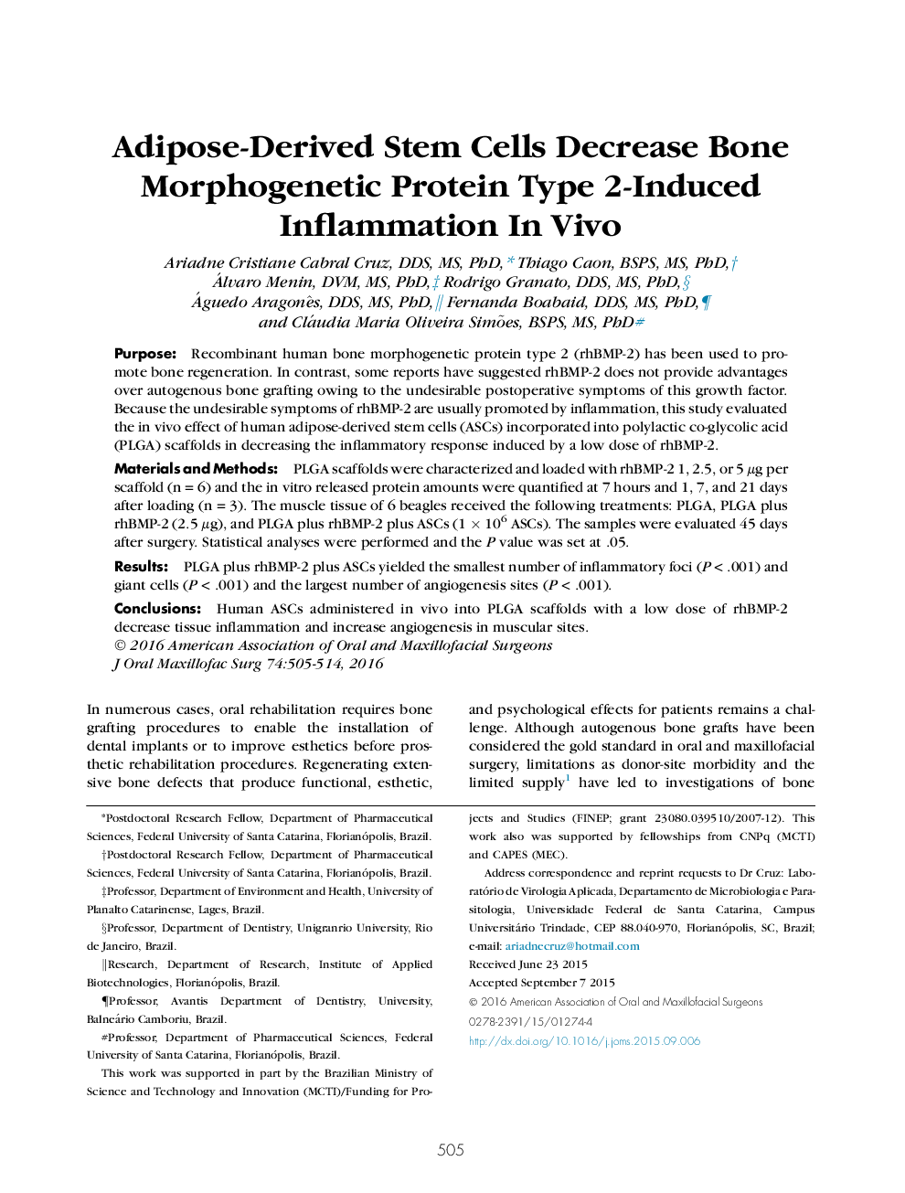 Adipose-Derived Stem Cells Decrease Bone Morphogenetic Protein Type 2-Induced Inflammation In Vivo 