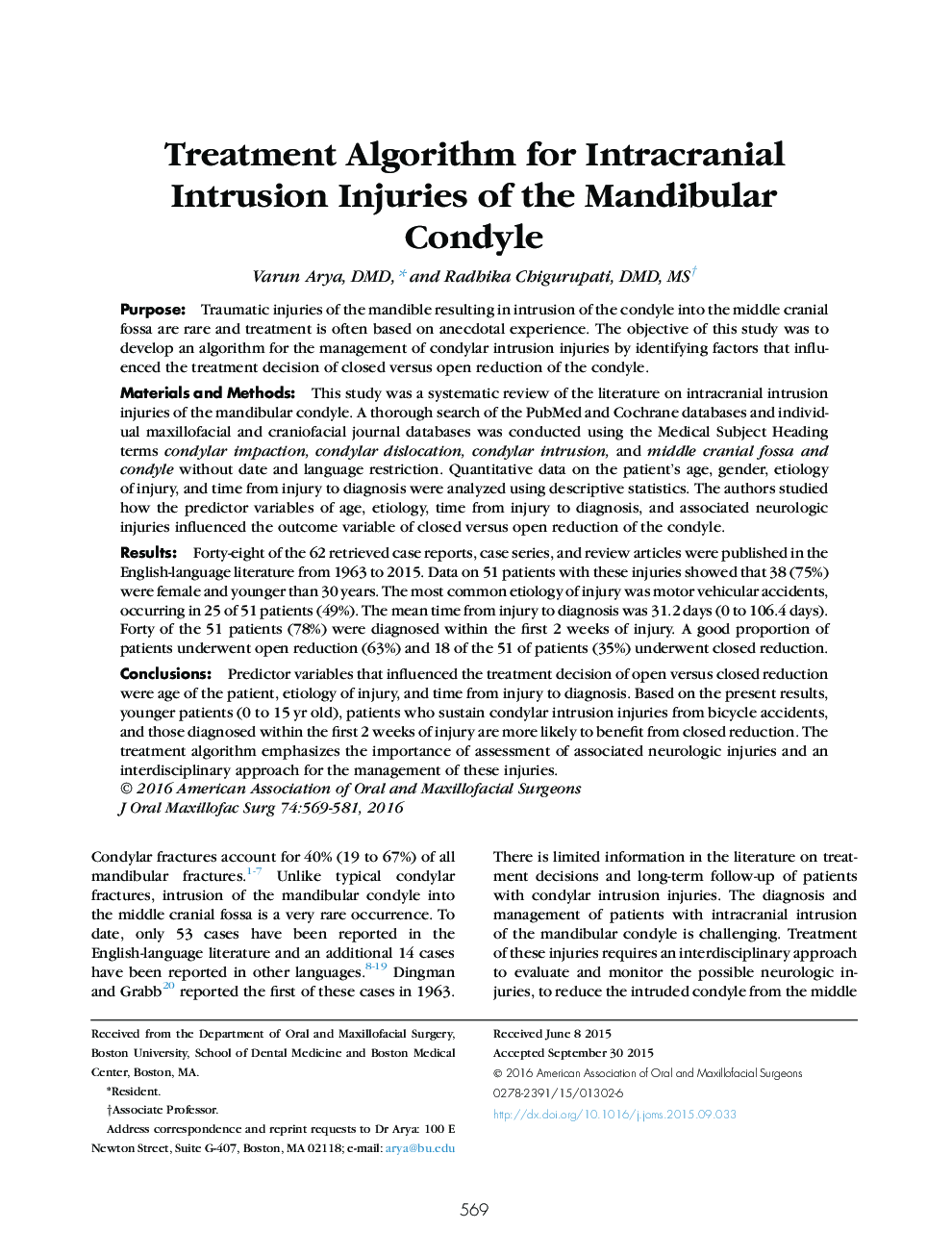 Treatment Algorithm for Intracranial Intrusion Injuries of the Mandibular Condyle