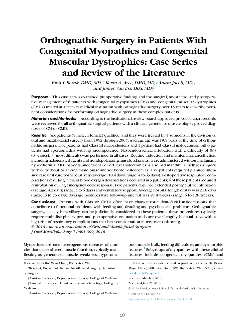 Orthognathic Surgery in Patients With Congenital Myopathies and Congenital Muscular Dystrophies: Case Series and Review of the Literature