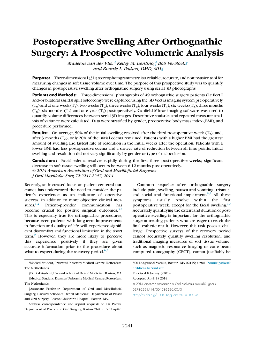 Postoperative Swelling After Orthognathic Surgery: A Prospective Volumetric Analysis