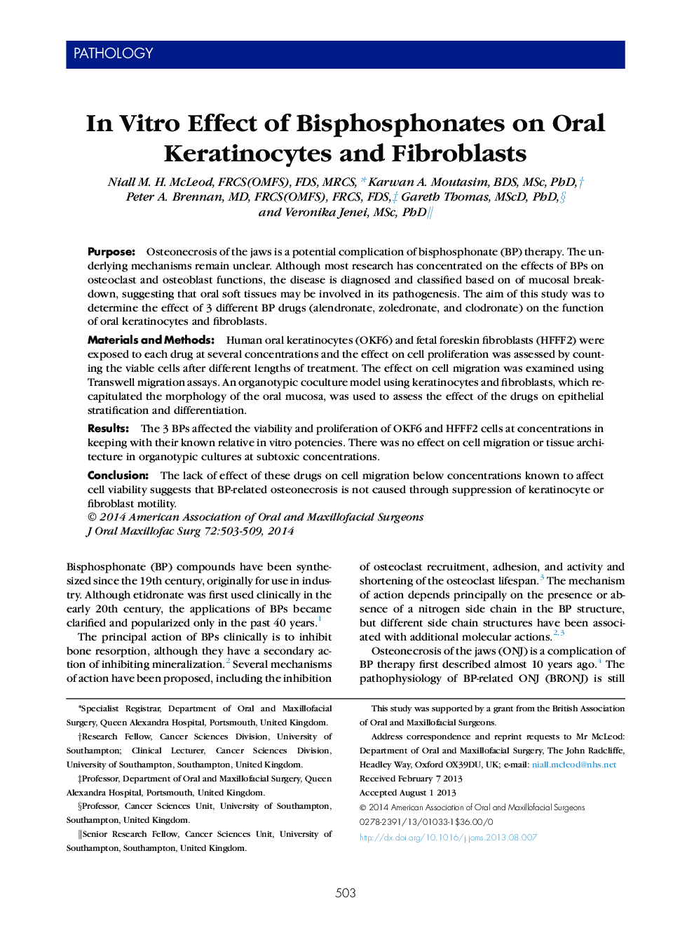 In Vitro Effect of Bisphosphonates on Oral Keratinocytes and Fibroblasts 