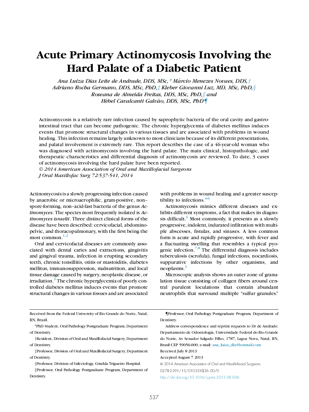 Acute Primary Actinomycosis Involving the Hard Palate of a Diabetic Patient