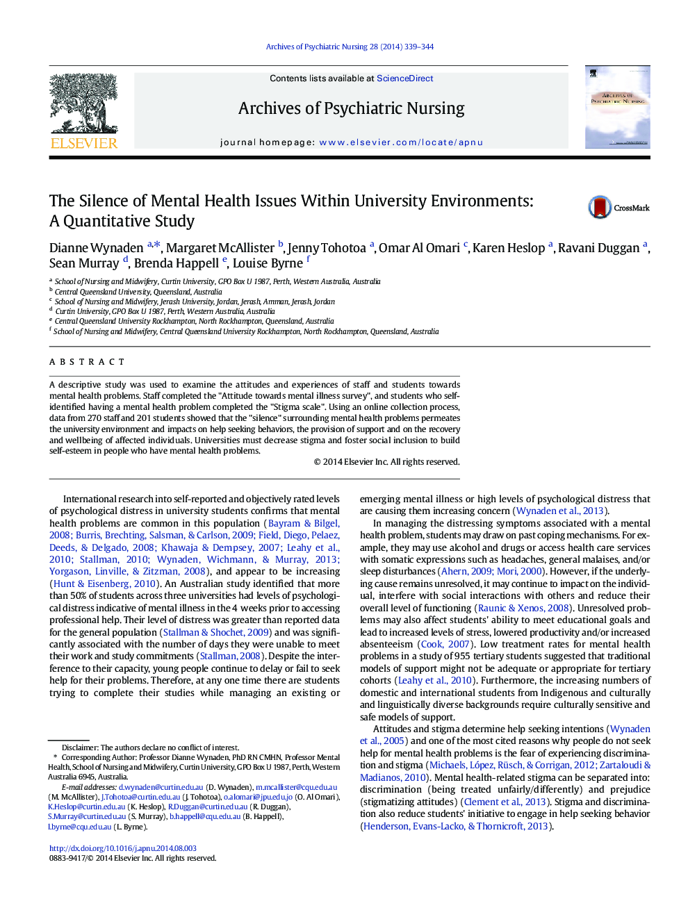 The Silence of Mental Health Issues Within University Environments: A Quantitative Study 