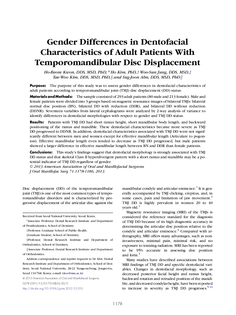 Gender Differences in Dentofacial Characteristics of Adult Patients With Temporomandibular Disc Displacement