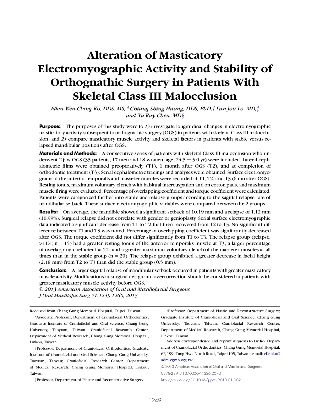 Alteration of Masticatory Electromyographic Activity and Stability of Orthognathic Surgery in Patients With Skeletal Class III Malocclusion