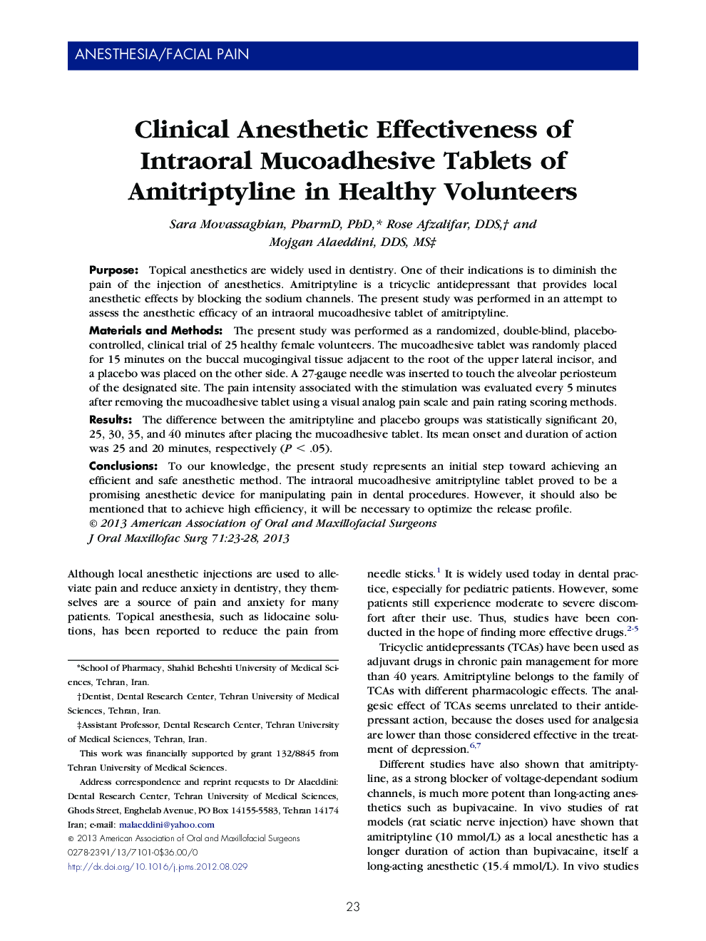 Clinical Anesthetic Effectiveness of Intraoral Mucoadhesive Tablets of Amitriptyline in Healthy Volunteers 