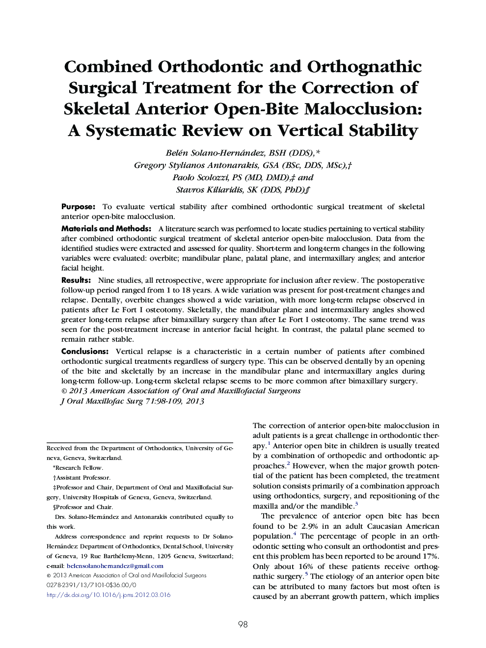 Combined Orthodontic and Orthognathic Surgical Treatment for the Correction of Skeletal Anterior Open-Bite Malocclusion: A Systematic Review on Vertical Stability 