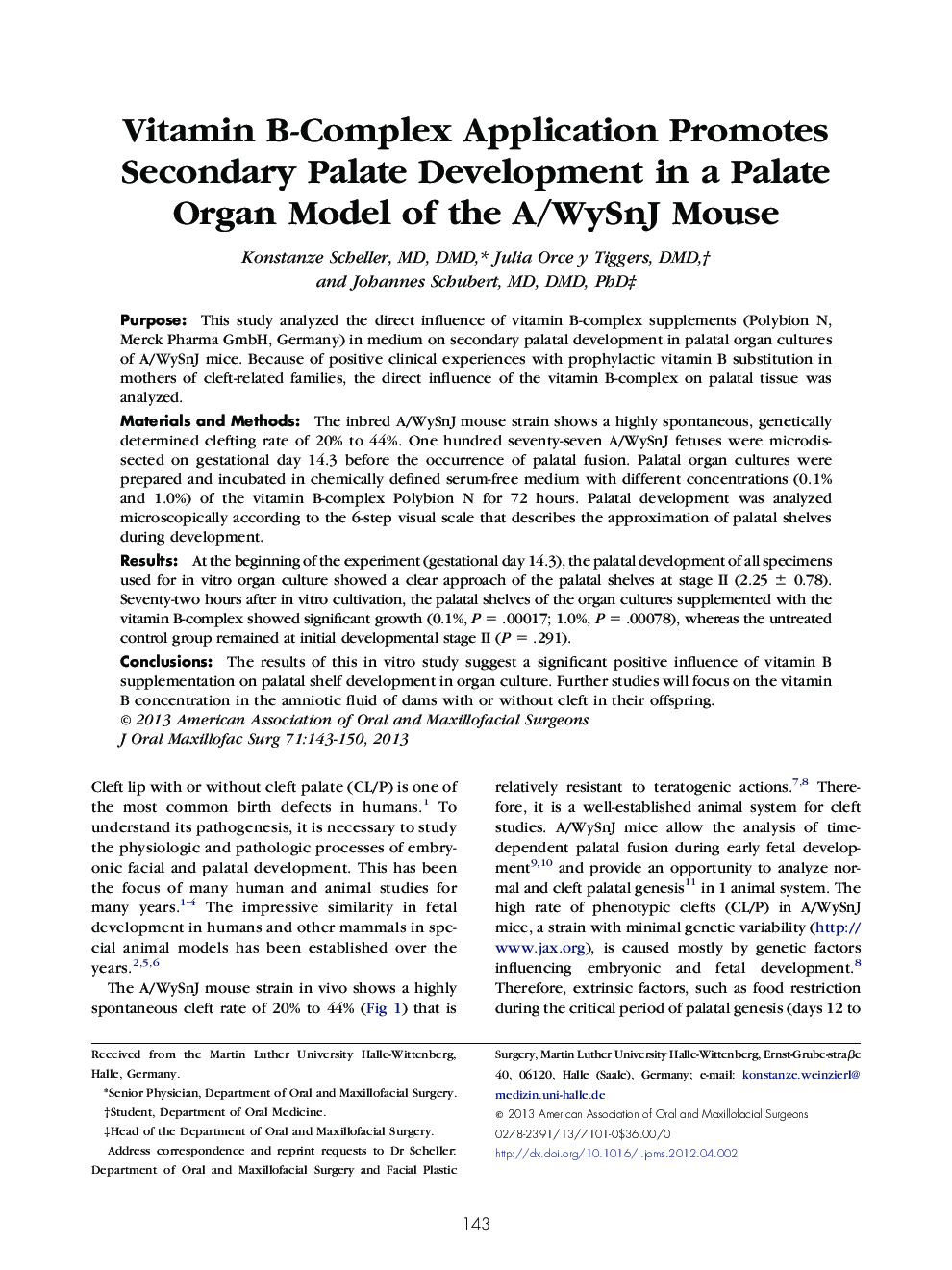 Vitamin B-Complex Application Promotes Secondary Palate Development in a Palate Organ Model of the A/WySnJ Mouse