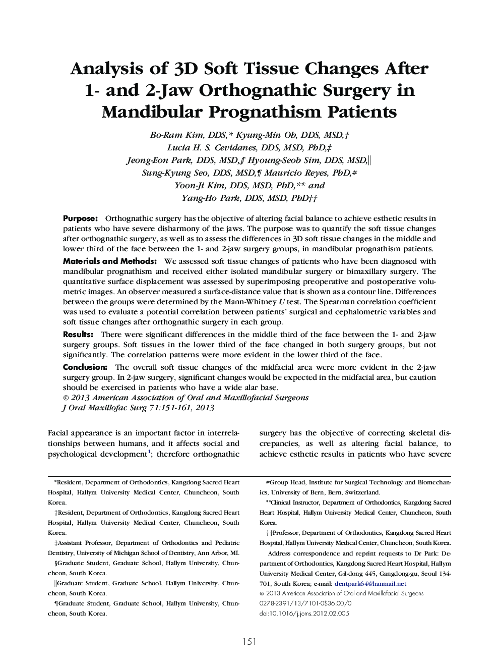 Analysis of 3D Soft Tissue Changes After 1- and 2-Jaw Orthognathic Surgery in Mandibular Prognathism Patients