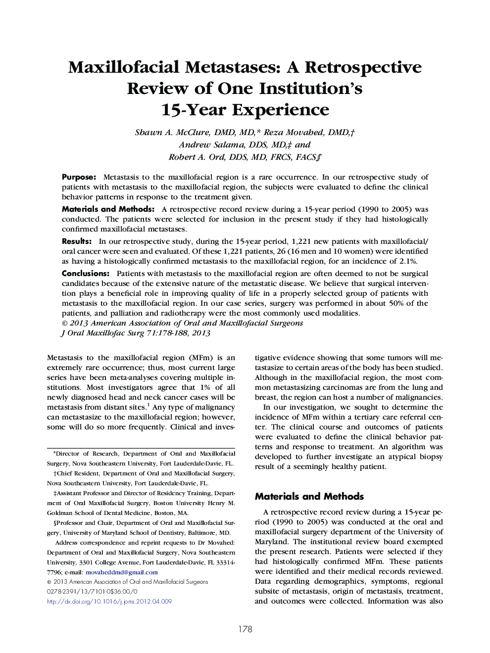 Maxillofacial Metastases: A Retrospective Review of One Institution's 15-Year Experience