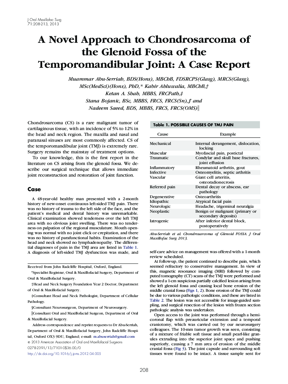 A Novel Approach to Chondrosarcoma of the Glenoid Fossa of the Temporomandibular Joint: A Case Report