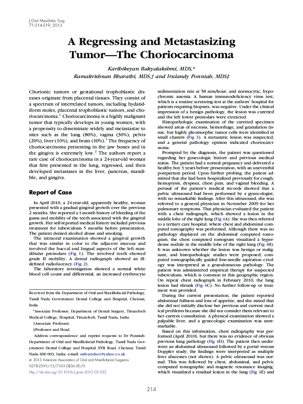 A Regressing and Metastasizing Tumor-The Choriocarcinoma