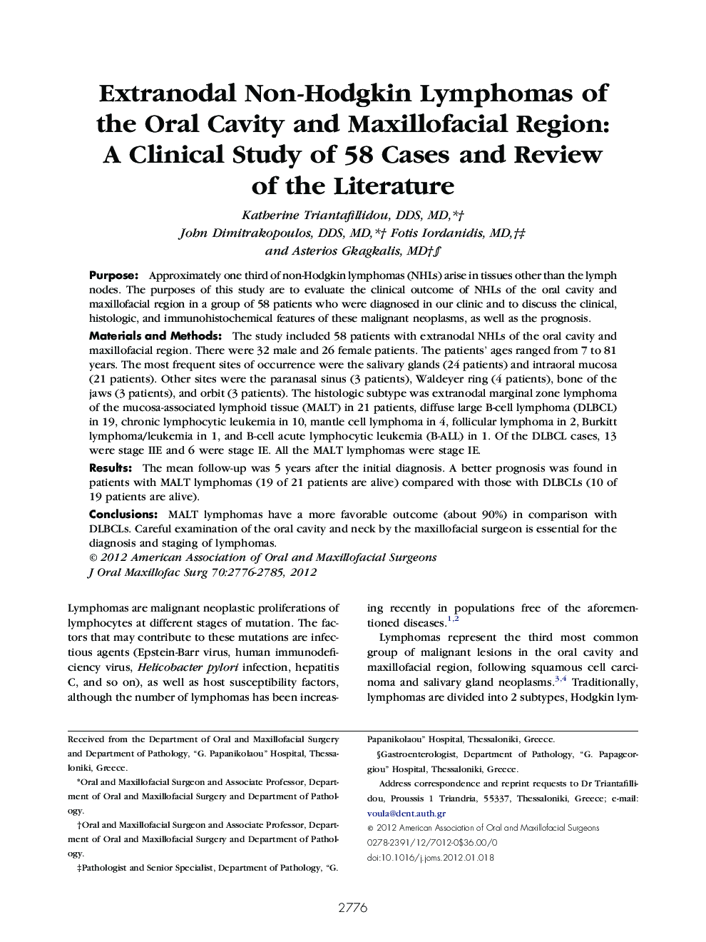 Extranodal Non-Hodgkin Lymphomas of the Oral Cavity and Maxillofacial Region: A Clinical Study of 58 Cases and Review of the Literature