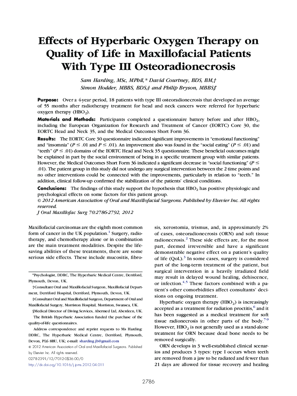 Effects of Hyperbaric Oxygen Therapy on Quality of Life in Maxillofacial Patients With Type III Osteoradionecrosis 