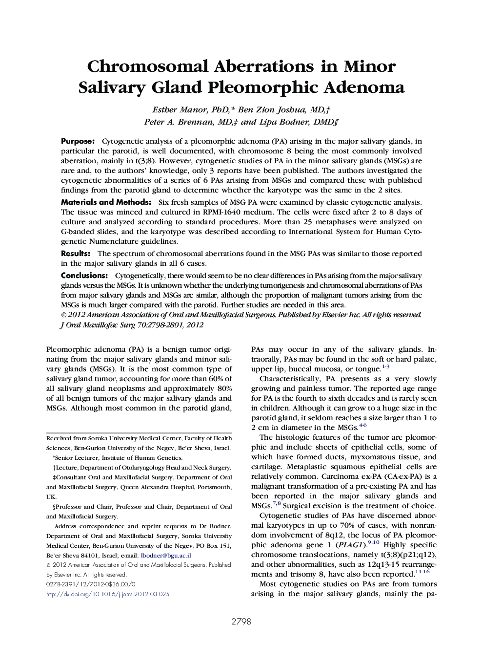 Chromosomal Aberrations in Minor Salivary Gland Pleomorphic Adenoma