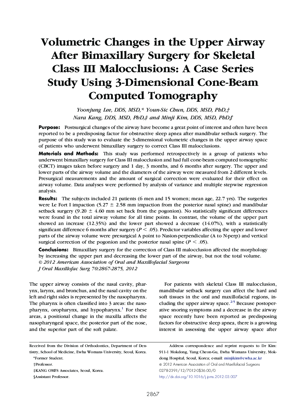 Volumetric Changes in the Upper Airway After Bimaxillary Surgery for Skeletal Class III Malocclusions: A Case Series Study Using 3-Dimensional Cone-Beam Computed Tomography