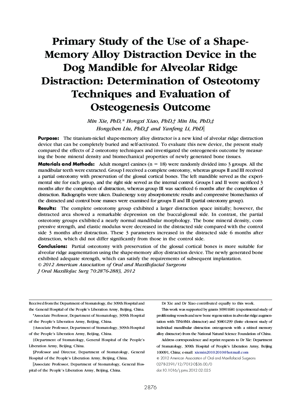 Primary Study of the Use of a Shape-Memory Alloy Distraction Device in the Dog Mandible for Alveolar Ridge Distraction: Determination of Osteotomy Techniques and Evaluation of Osteogenesis Outcome