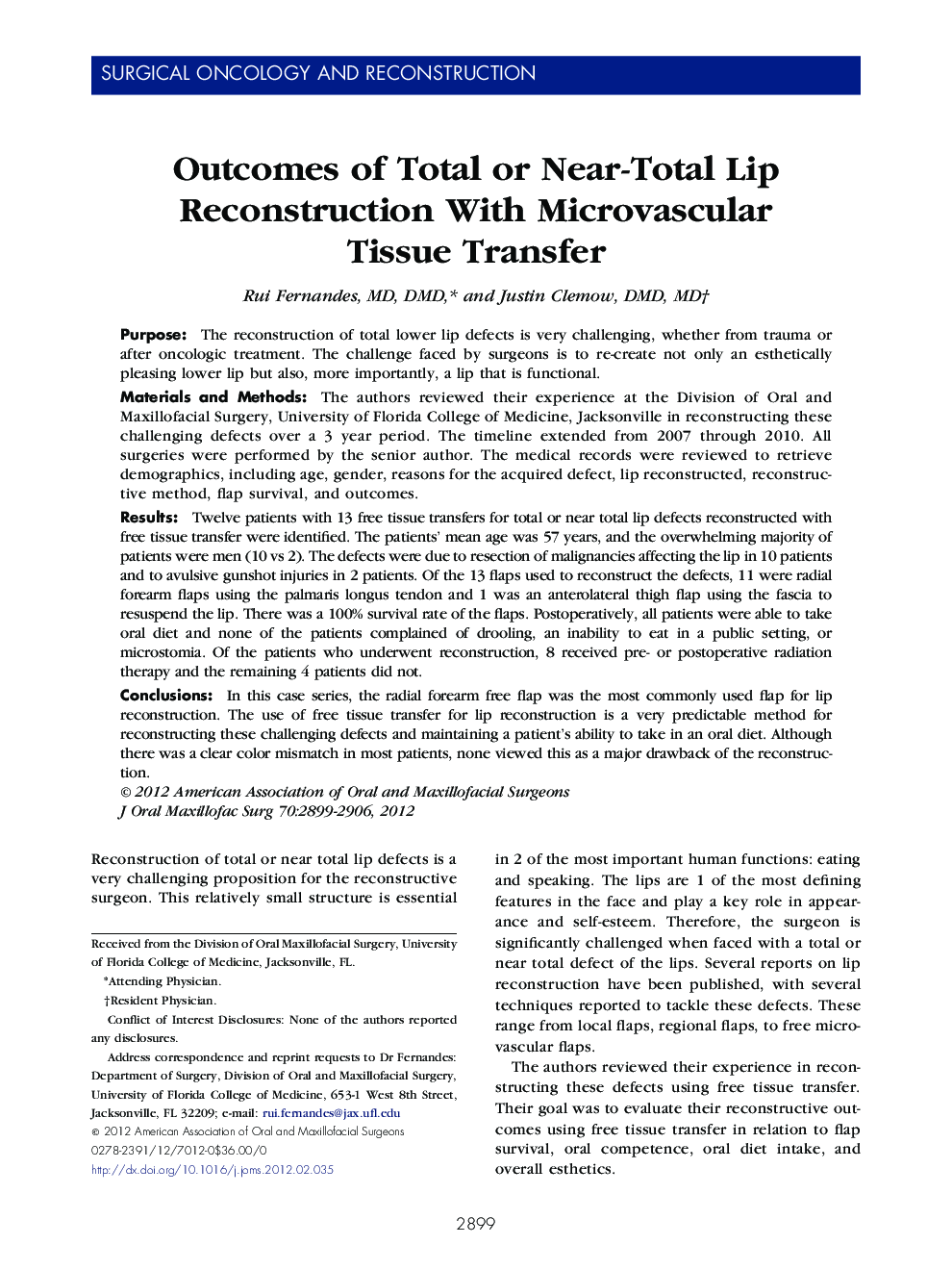 Outcomes of Total or Near-Total Lip Reconstruction With Microvascular Tissue Transfer 