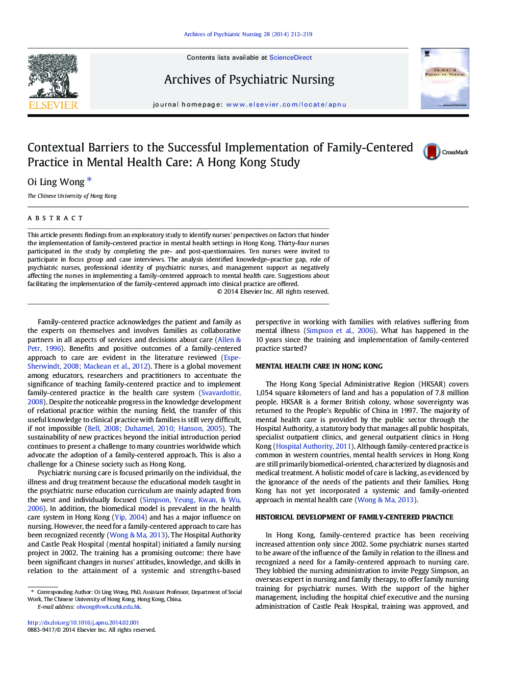 Contextual Barriers to the Successful Implementation of Family-Centered Practice in Mental Health Care: A Hong Kong Study