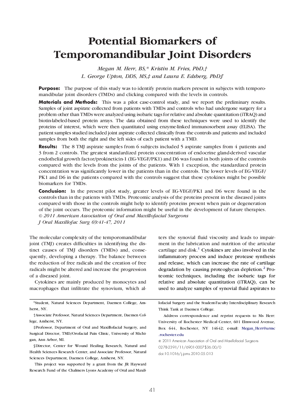 Potential Biomarkers of Temporomandibular Joint Disorders