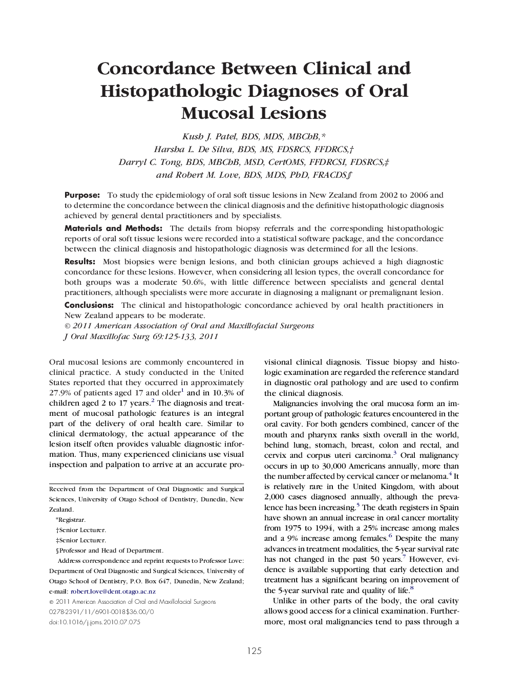 Concordance Between Clinical and Histopathologic Diagnoses of Oral Mucosal Lesions