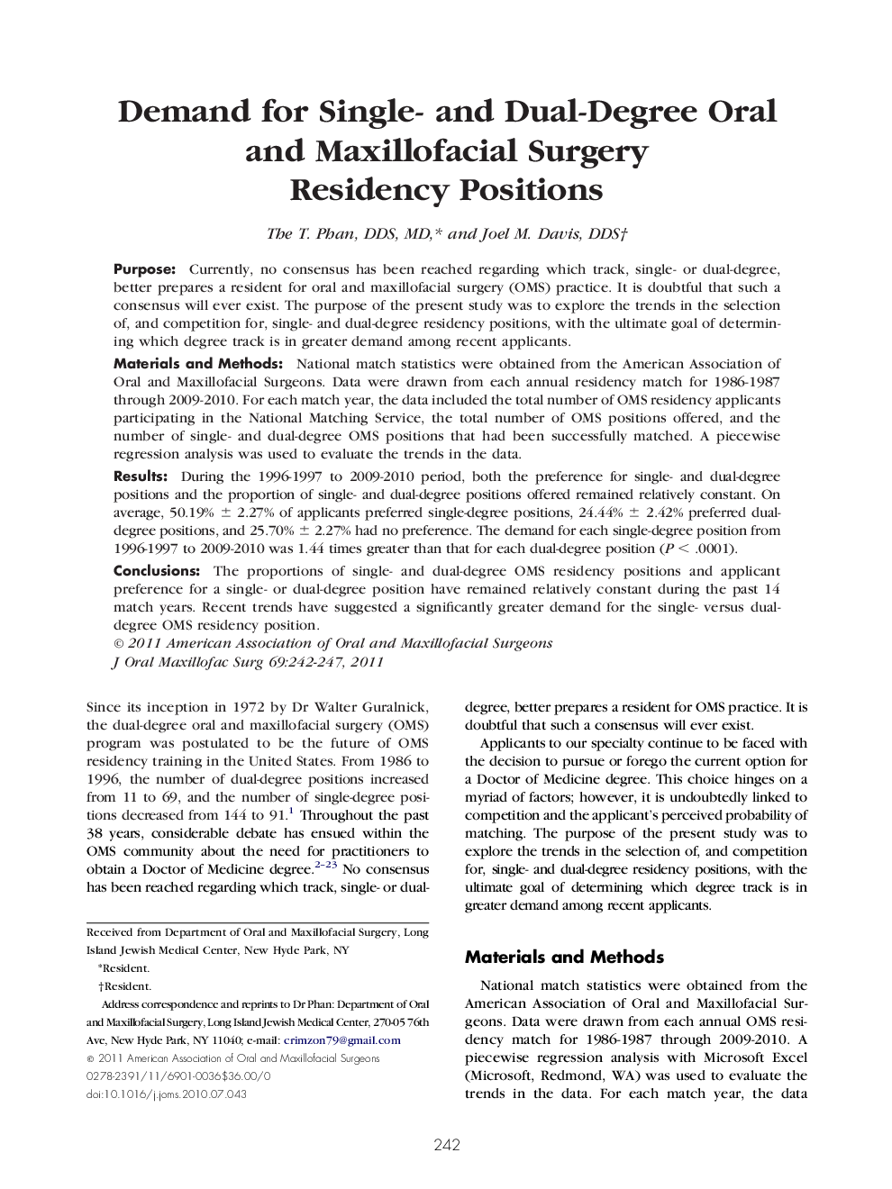 Demand for Single- and Dual-Degree Oral and Maxillofacial Surgery Residency Positions