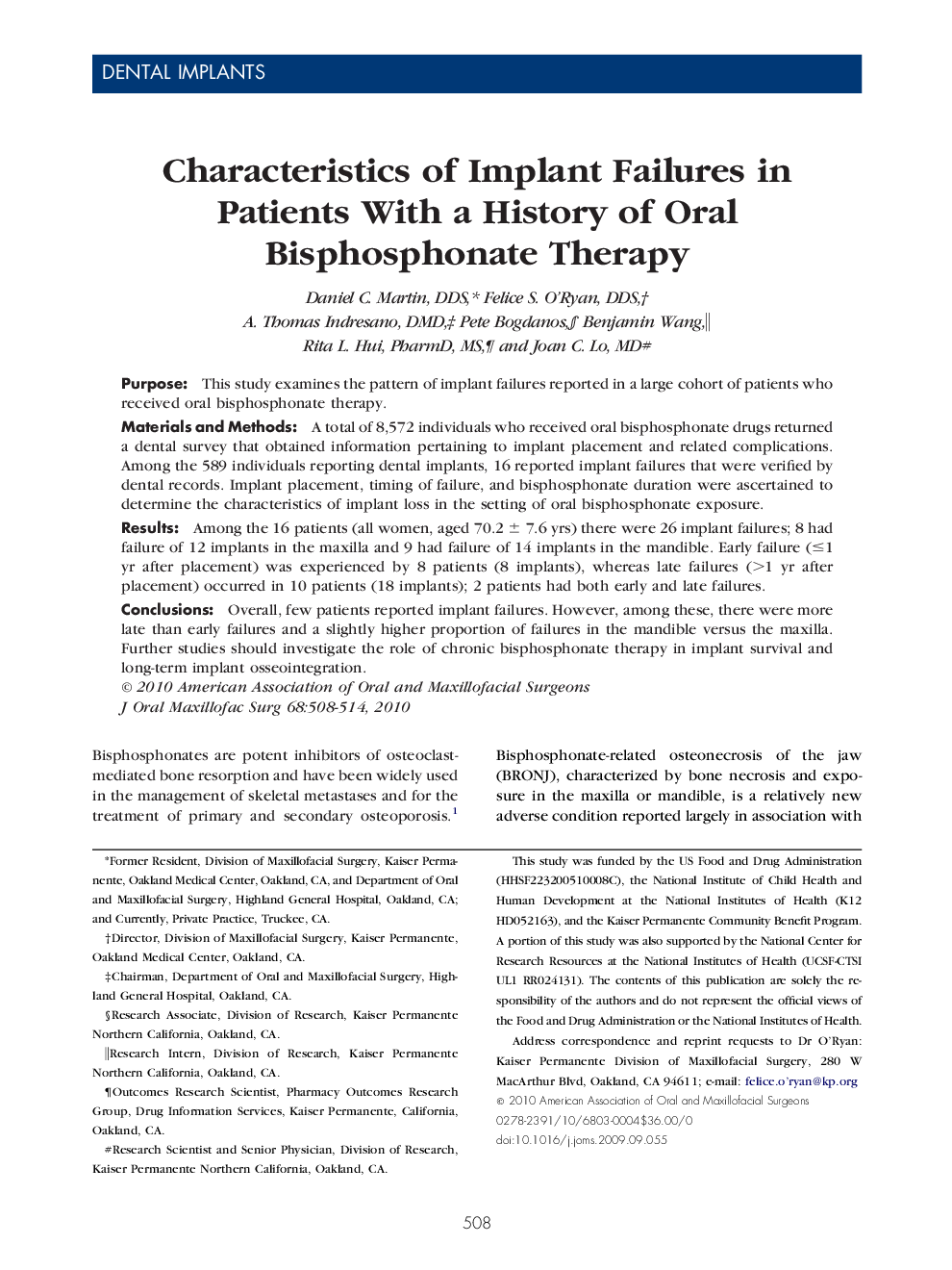 Characteristics of Implant Failures in Patients With a History of Oral Bisphosphonate Therapy 