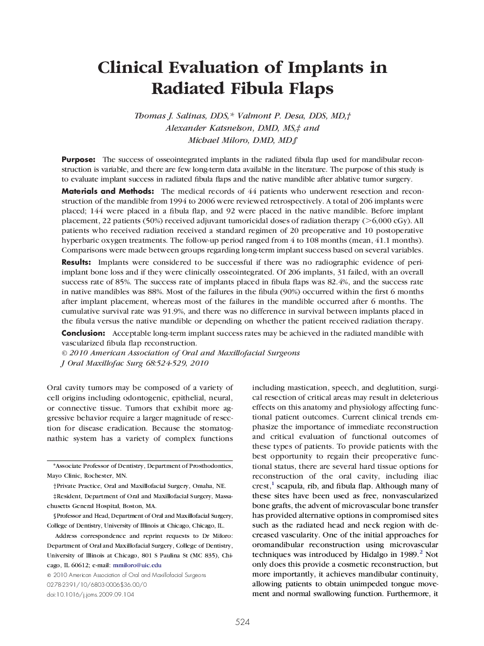 Clinical Evaluation of Implants in Radiated Fibula Flaps