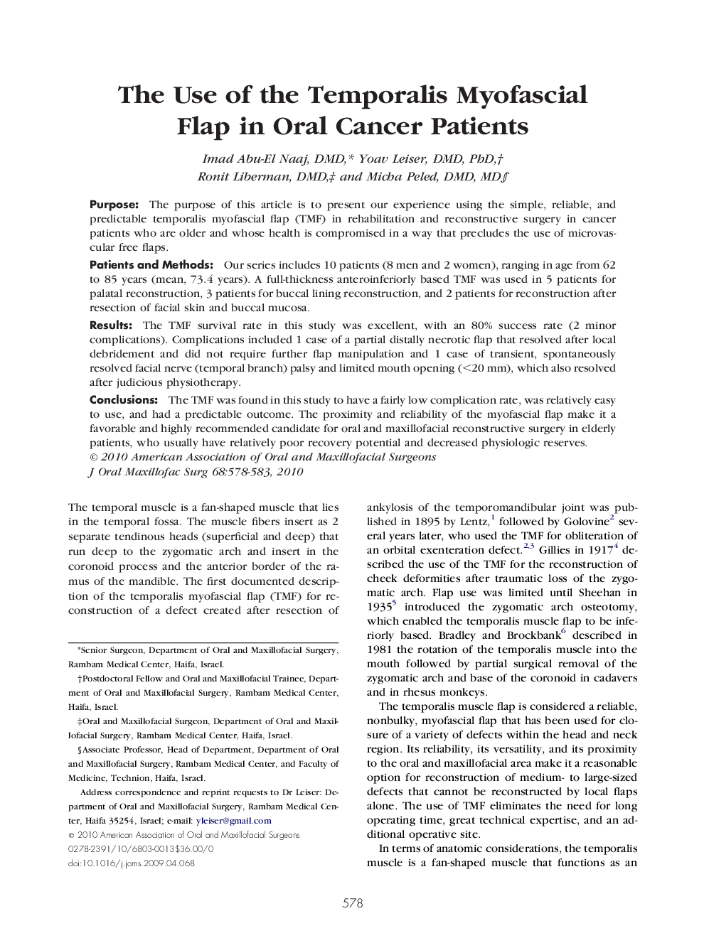 The Use of the Temporalis Myofascial Flap in Oral Cancer Patients