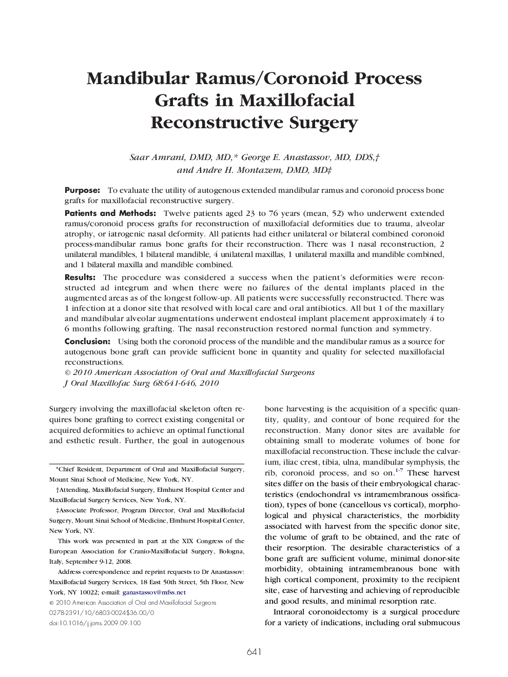 Mandibular Ramus/Coronoid Process Grafts in Maxillofacial Reconstructive Surgery