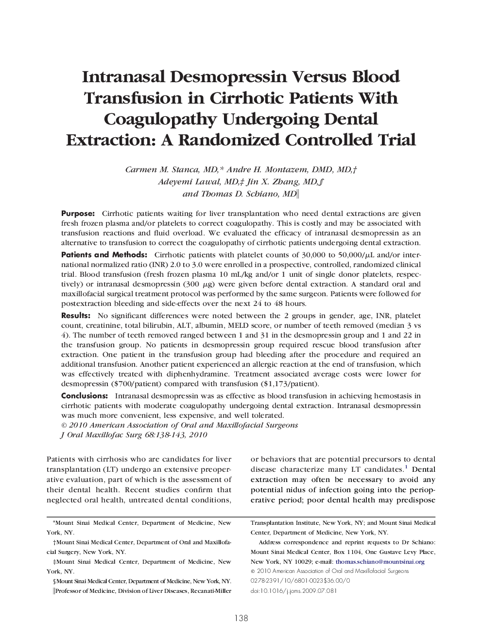 Intranasal Desmopressin Versus Blood Transfusion in Cirrhotic Patients With Coagulopathy Undergoing Dental Extraction: A Randomized Controlled Trial
