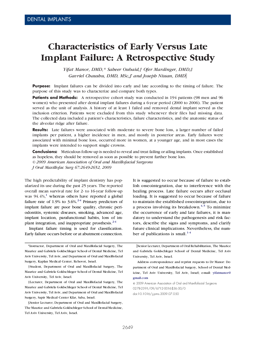 Characteristics of Early Versus Late Implant Failure: A Retrospective Study