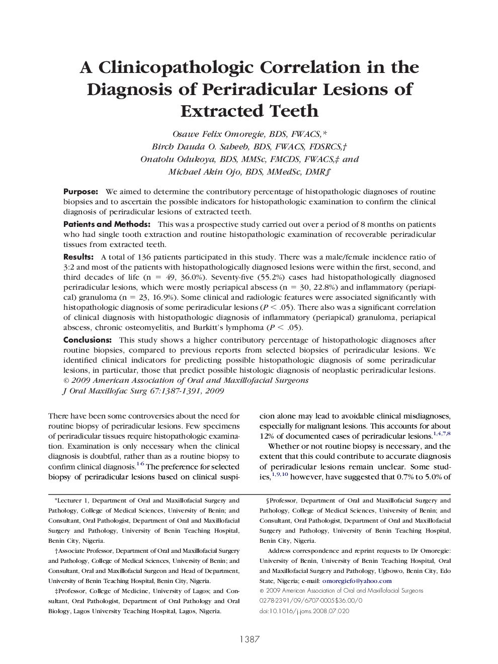 عکس صفحه اول مقاله: A Clinicopathologic Correlation in the Diagnosis of Periradicular Lesions of Extracted Teeth A Clinicopathologic Correlation in the Diagnosis of Periradicular Lesions of Extracted Teeth