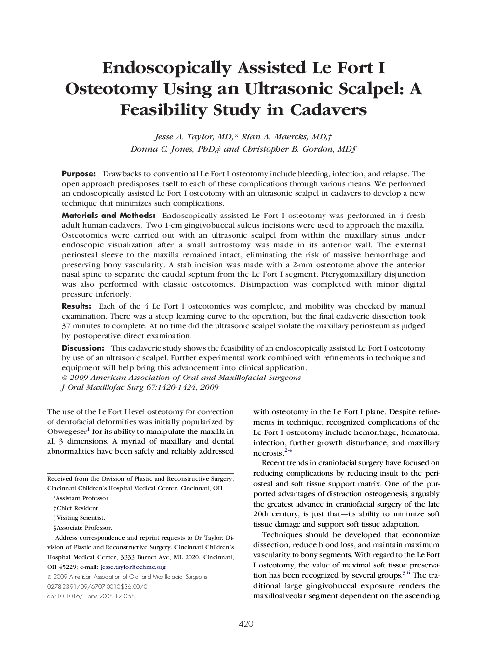 Endoscopically Assisted Le Fort I Osteotomy Using an Ultrasonic Scalpel: A Feasibility Study in Cadavers