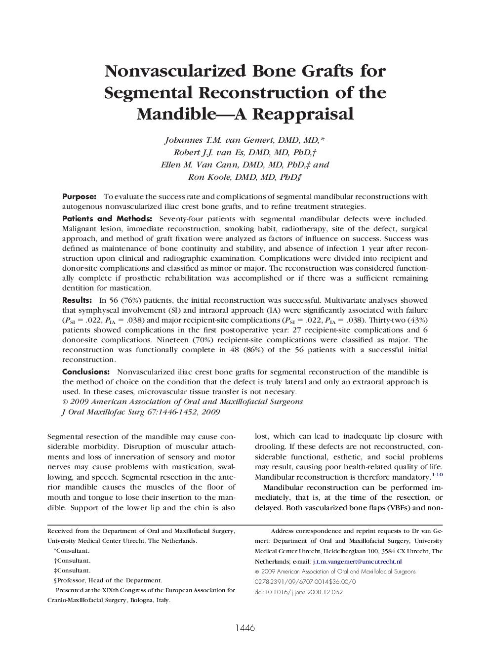 Nonvascularized Bone Grafts for Segmental Reconstruction of the Mandible—A Reappraisal