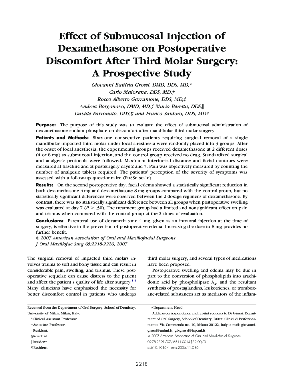 Effect of Submucosal Injection of Dexamethasone on Postoperative Discomfort After Third Molar Surgery: A Prospective Study