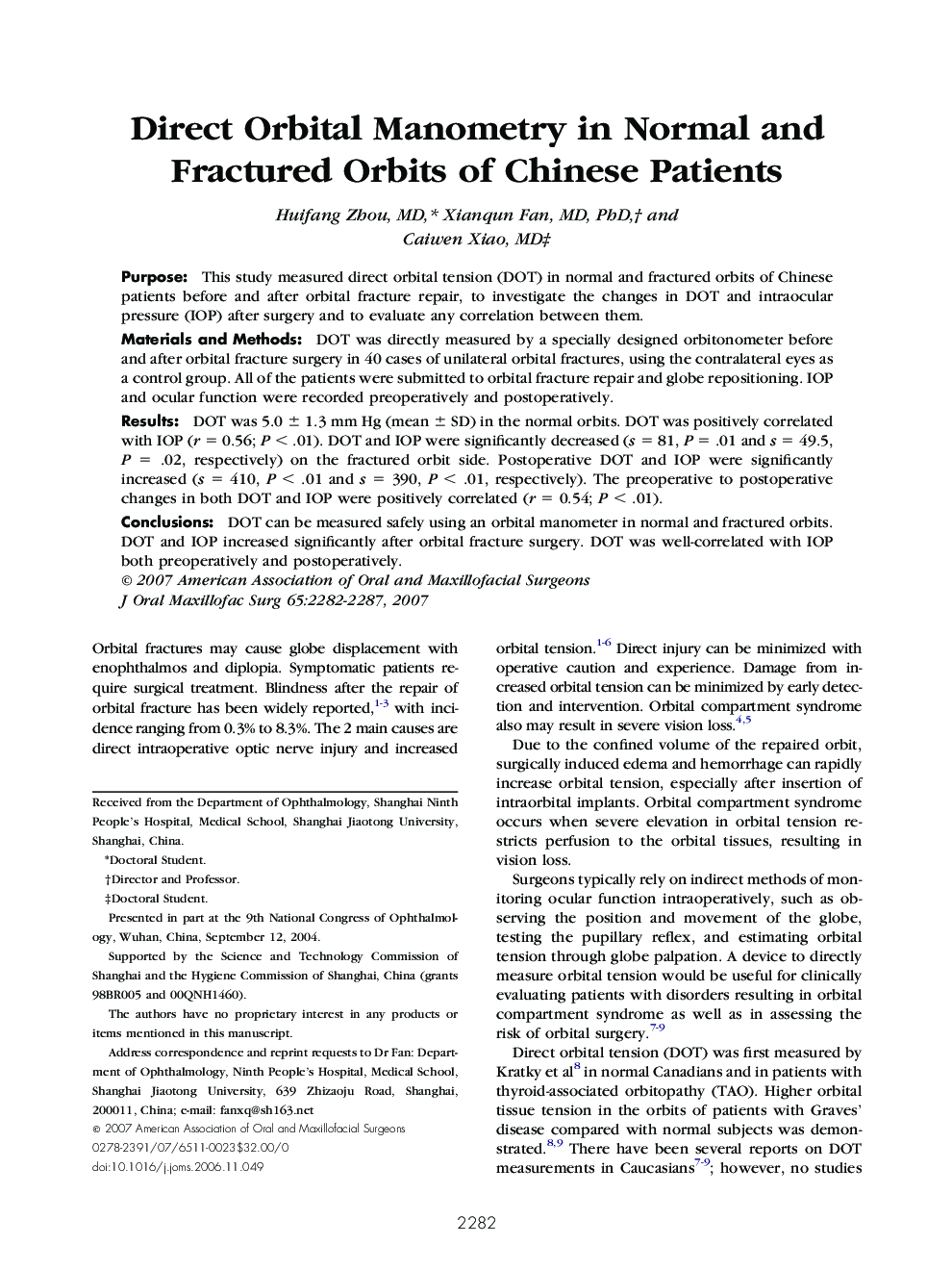 Direct Orbital Manometry in Normal and Fractured Orbits of Chinese Patients