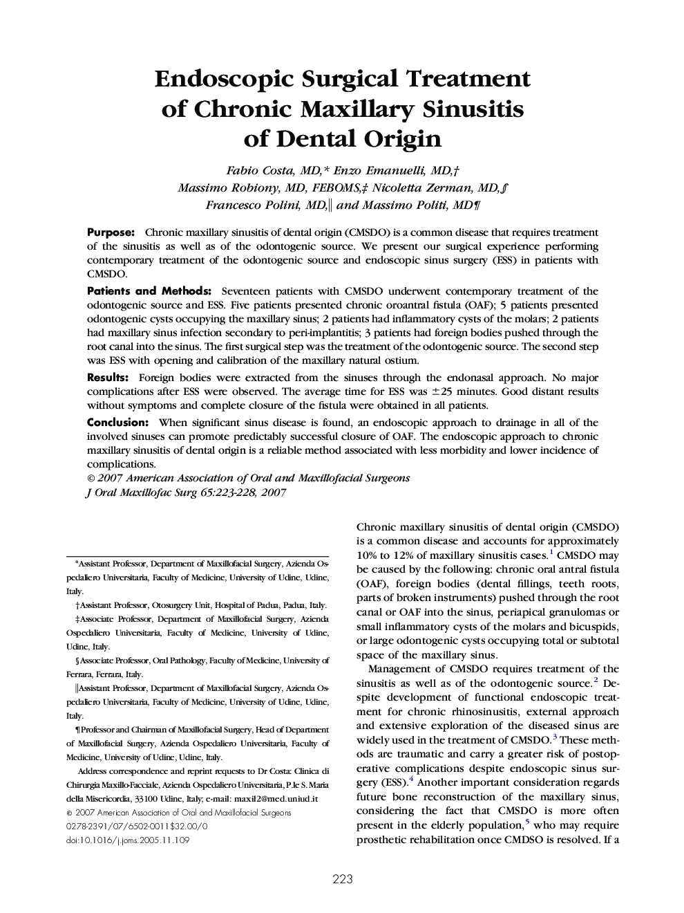 Endoscopic Surgical Treatment of Chronic Maxillary Sinusitis of Dental Origin