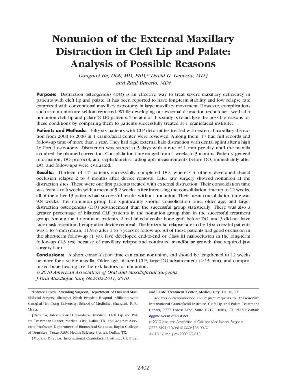 Nonunion of the External Maxillary Distraction in Cleft Lip and Palate: Analysis of Possible Reasons