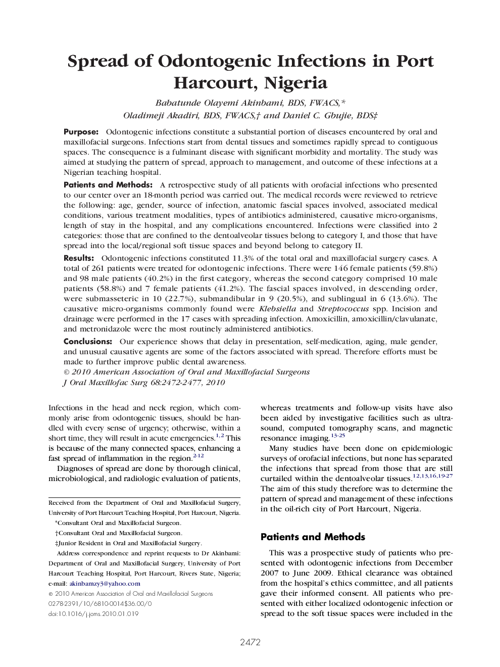 Spread of Odontogenic Infections in Port Harcourt, Nigeria
