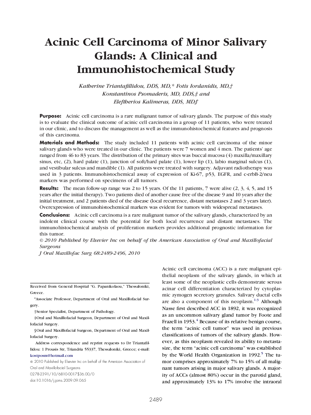 عکس صفحه اول مقاله: Acinic Cell Carcinoma of Minor Salivary Glands: A Clinical and Immunohistochemical Study Acinic Cell Carcinoma of Minor Salivary Glands: A Clinical and Immunohistochemical Study