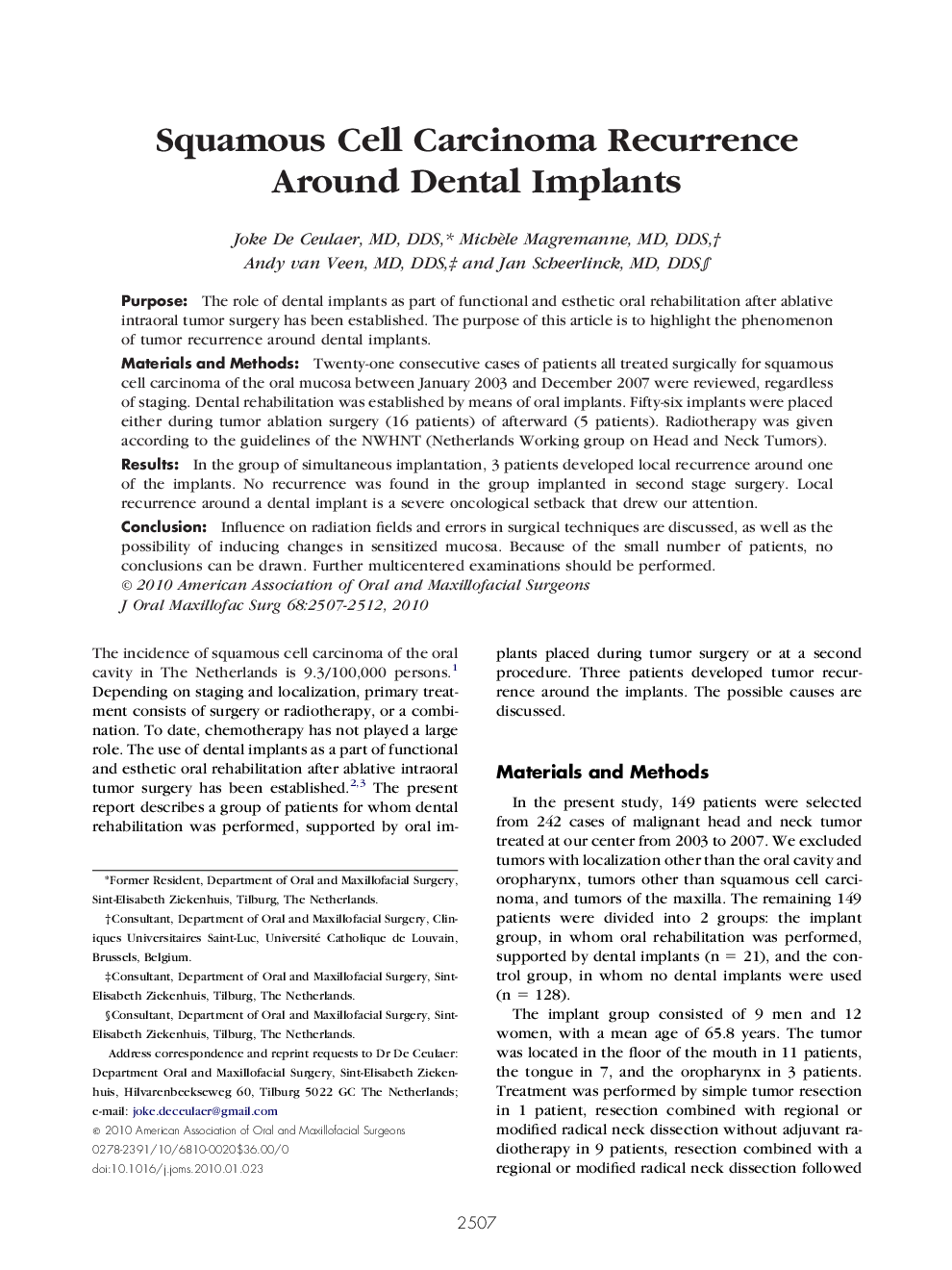 Squamous Cell Carcinoma Recurrence Around Dental Implants