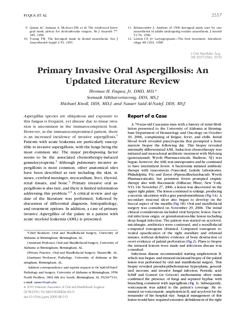 Primary Invasive Oral Aspergillosis: An Updated Literature Review