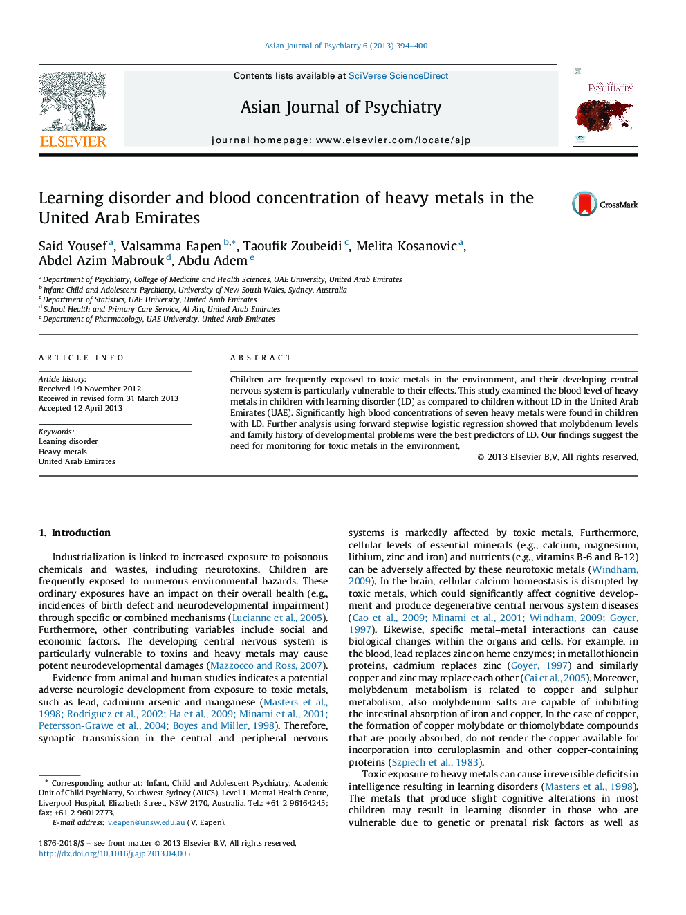 Learning disorder and blood concentration of heavy metals in the United Arab Emirates