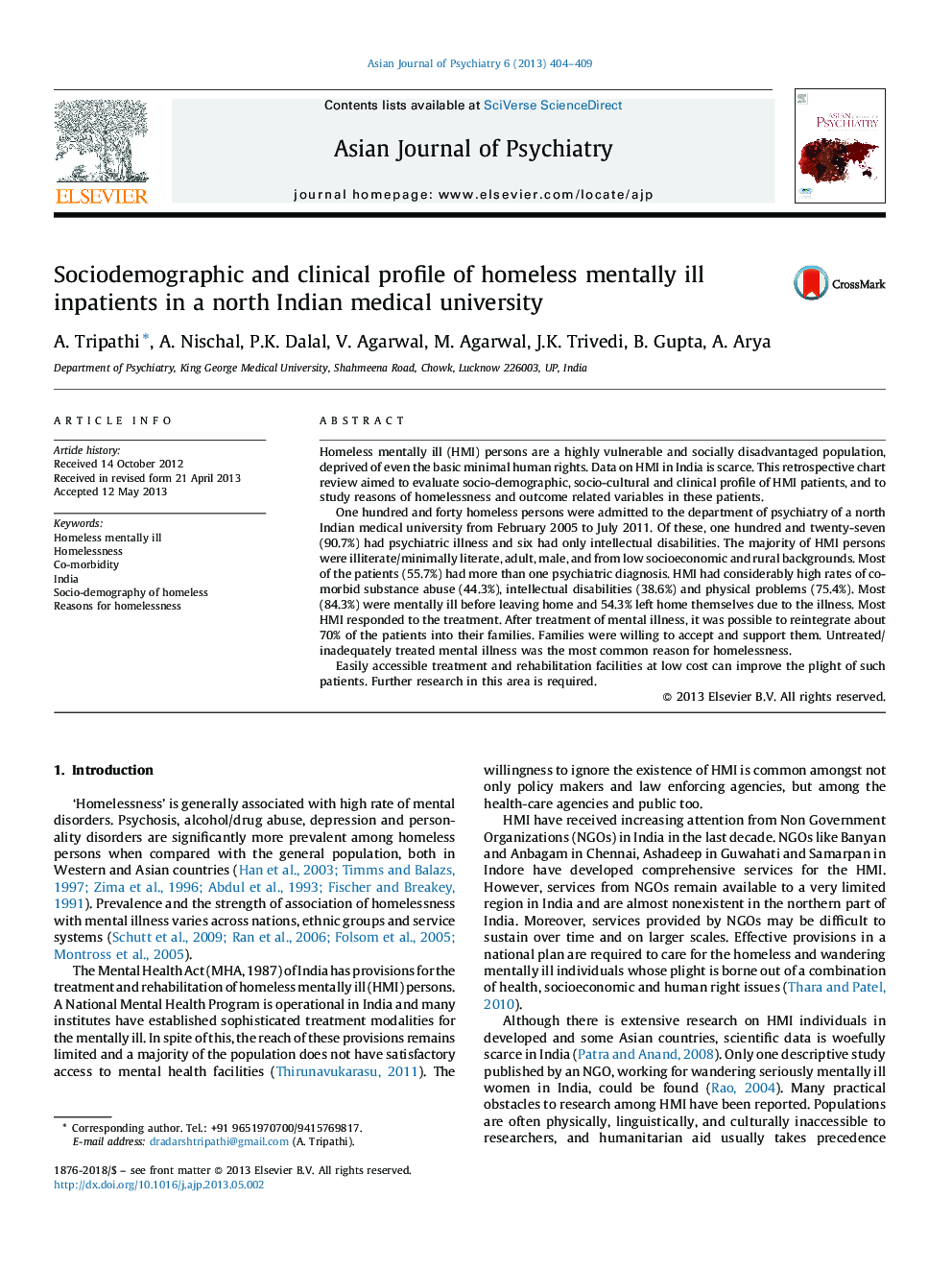 Sociodemographic and clinical profile of homeless mentally ill inpatients in a north Indian medical university