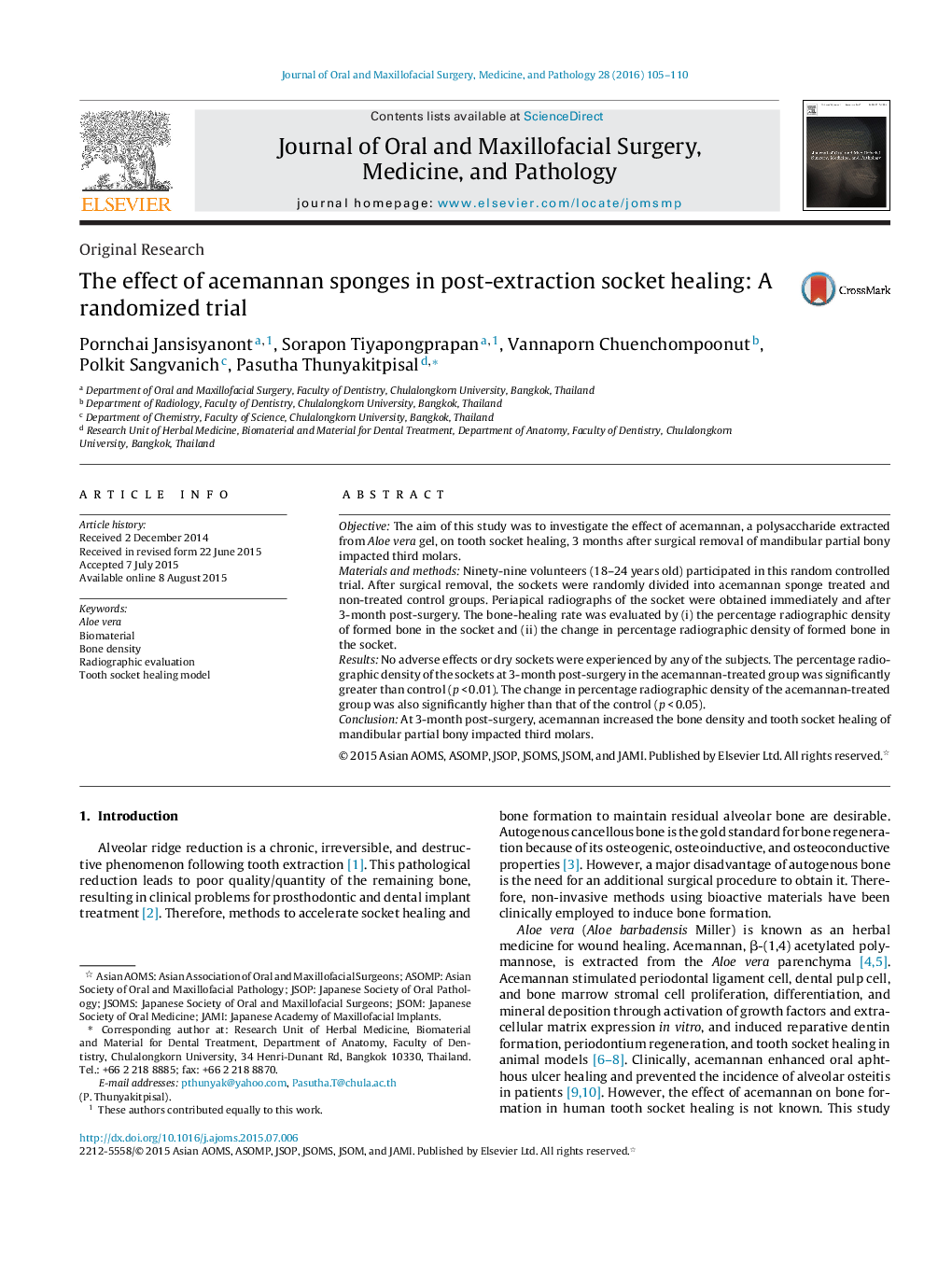 The effect of acemannan sponges in post-extraction socket healing: A randomized trial 